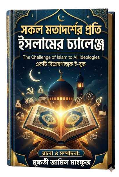 “সকল মতাদর্শের প্রতি ইসলামের চ্যালেঞ্জ” ই-বুকের প্রিমিয়াম হার্ডবোর্ড বাইন্ডিং কাভার ফটো । কাভারে একটি প্রদীপ্ত খোলা কুরআন মাজিদ এবং পেছনে মসজিদের গম্বুজ ও মিনারের নান্দনিক ইলাস্ট্রেশন দেখা যাচ্ছে । নিচে লেখক হিসেবে ‘মুফতী জামিল মাহফুজ’ নামটি স্পষ্টভাবে খোদাই করা রয়েছে ।